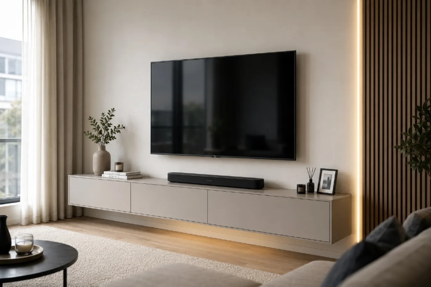 Instalação de TV na parede em Lisboa com suporte articulado numa sala moderna